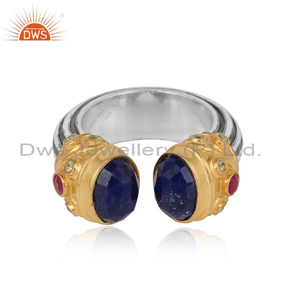 Designer Gold On Silver Ring With Peridot, Ruby And Sodalite