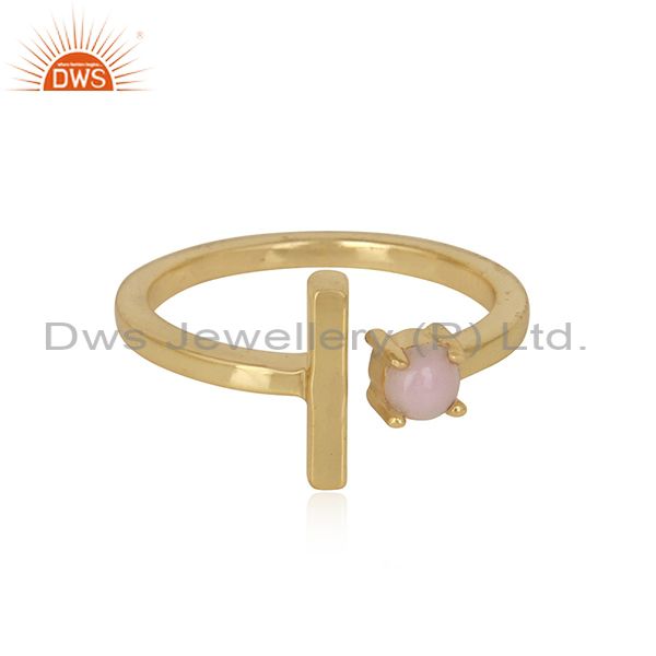 Handcrafted designer gold on silver single bar ring with pink opal