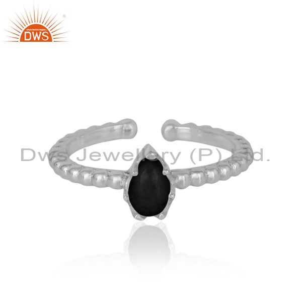 Designer textured dainty sterling silver ring with black onyx