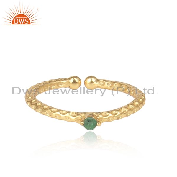Emerald Set Gold On 925 Sterling Silver Hammered Ethnic Ring