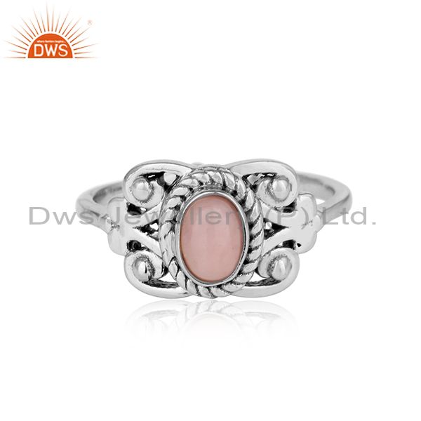 Designer bohemian oxidize finish on silver 925 ring with pink opal