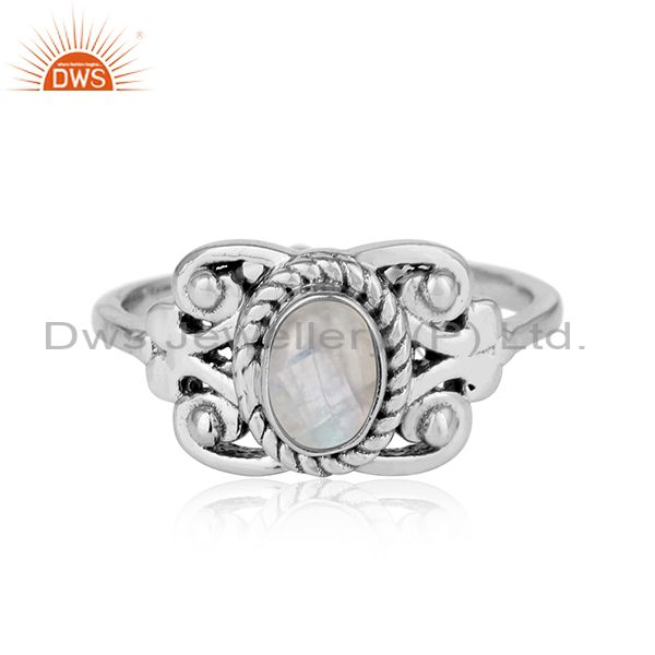 Designer bohemian oxidized silver ring with rainbow moonstone