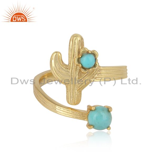 Designer cactus bypass silver gold on ring with arizona turquoise