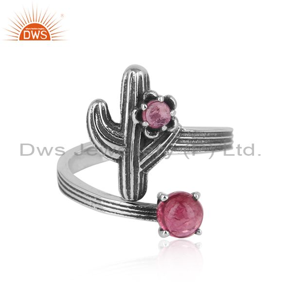 Designer cactus bypass silver oxidized ring with pink tourmaline