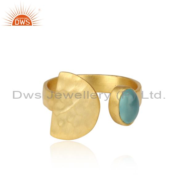Handmade hammered gold on silver 925 ring with aqua chalcedony