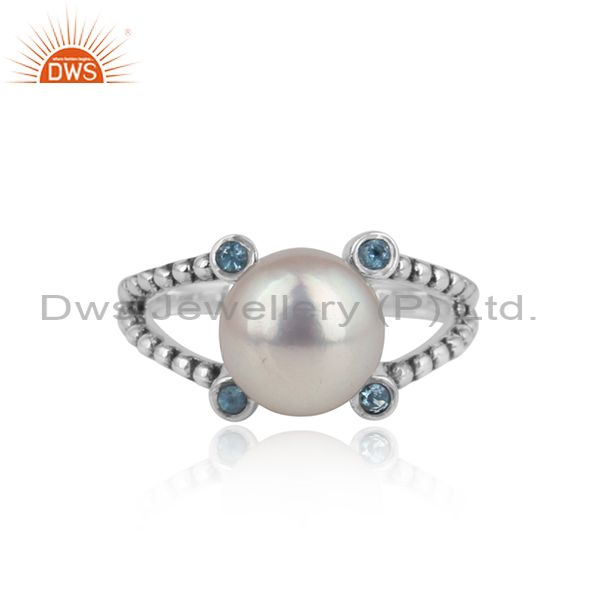Handcrafted designer silver 925 ring with blue topaz and pearl