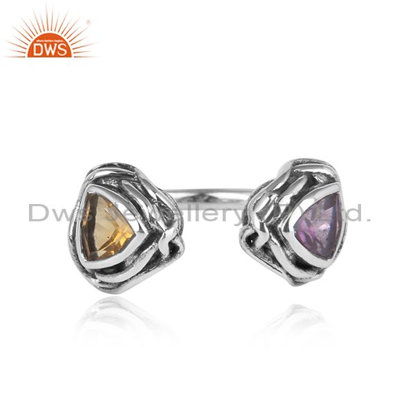 Handtextured Oxidized Silver Ring With Amethyst, Citrine