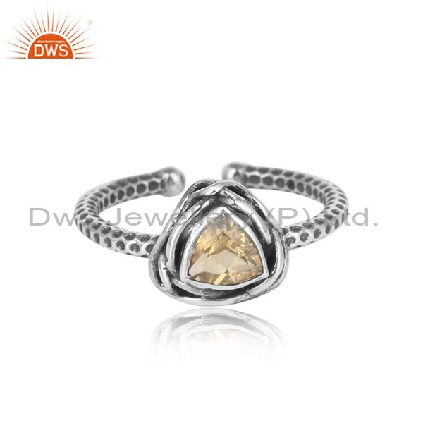 Handcrafted Wire Textured Oxidized Silver Ring With Citrine