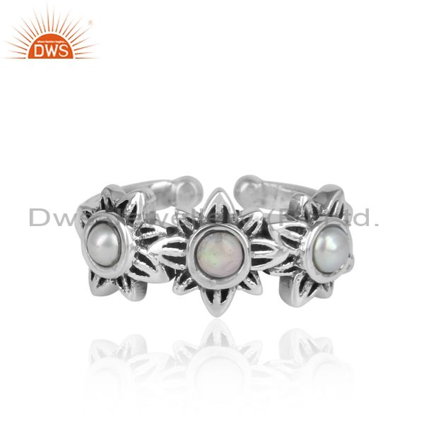 Floral Ethiopian Opal, Pearl Studded 925 Silver Ring