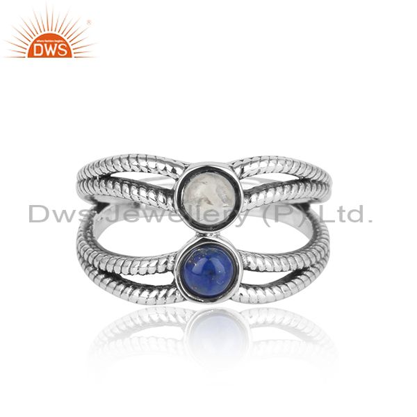 Designer Split Shank Oxidized Silver Ring With Lapis, Pearl