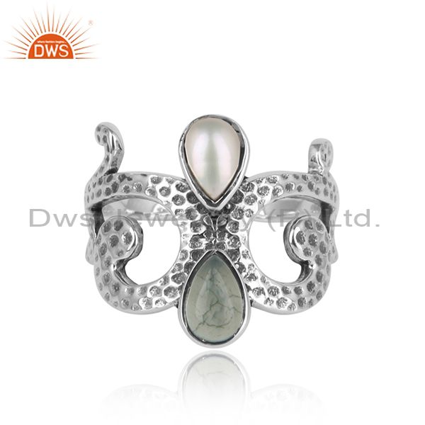 Designer Texture Oxidized Silver Aqua Chalcedony Pearl Ring