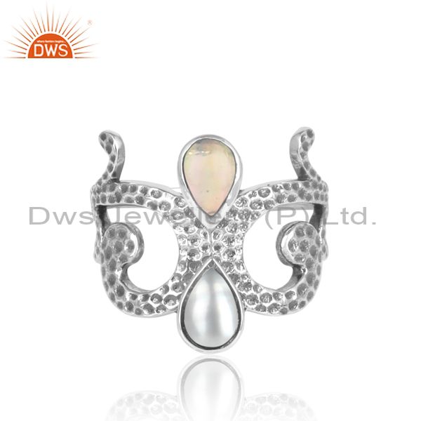 Designer Texture Oxidized Silver Ethiopian Opal Pearl Ring
