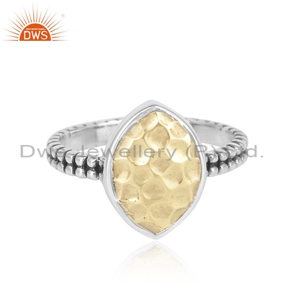 Textured handcrafted marquise yellow gold on silver oxidized ring