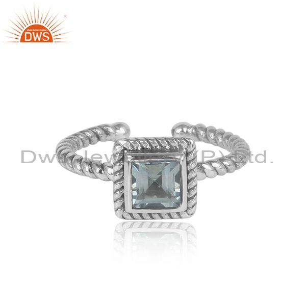 Traditional Square Blue Topaz Set Oxidized 925 Silver Ring