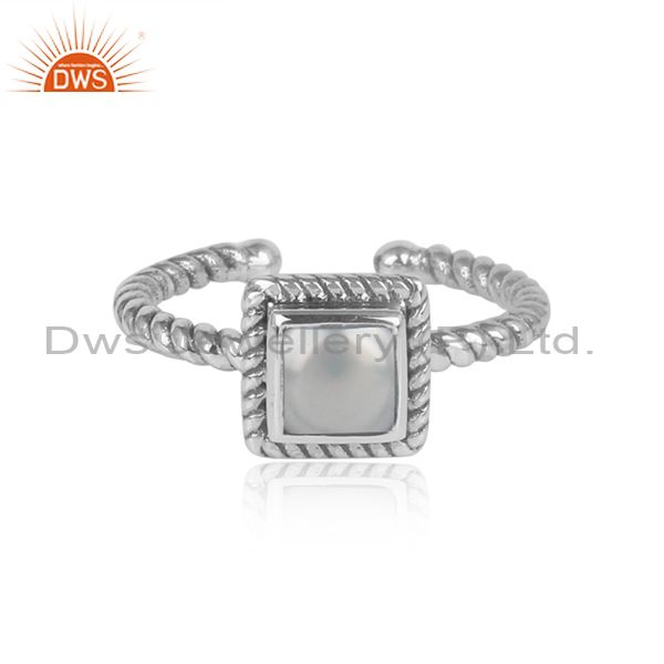 Square Cut Pearl Set Oxidized Sterling Silver Twisted Ring