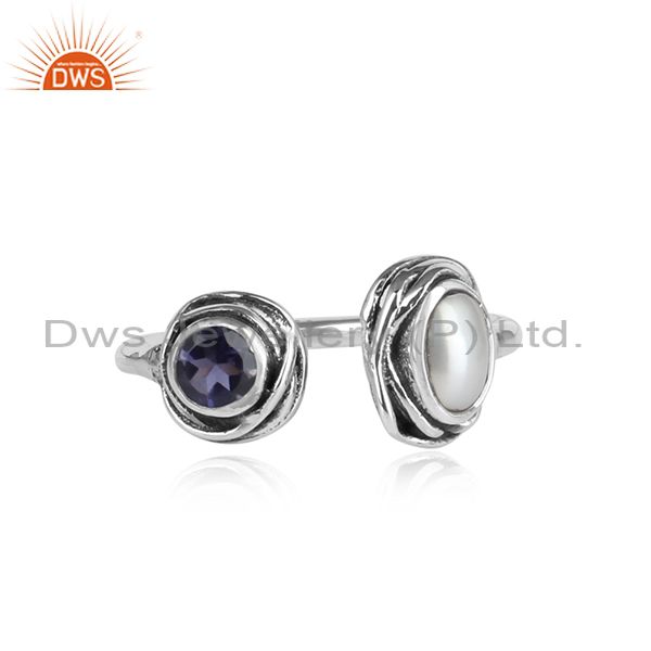 Pearl Cabushion, Iolite Cut Sterling Silver Adjustable Ring