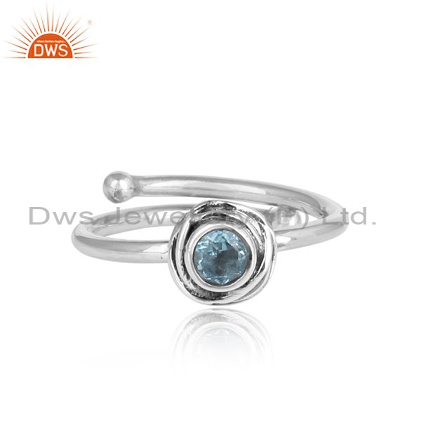 Bright Blue Topaz Set Adjustable Oxidized 925 Silver Ring