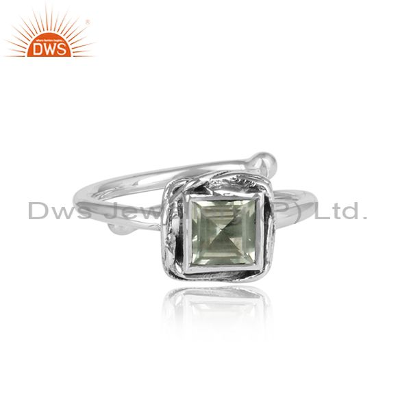 Green Amethyst Square Cut Sterling Silver Ring