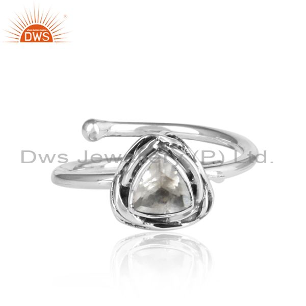 Triangular, Clear Crystal Quartz 925 Oxidized Silver Ring