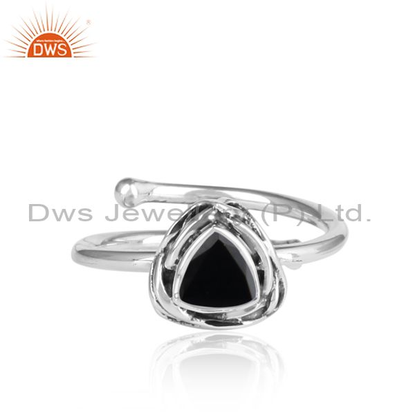 Black Onyx Wrapped Sterling Silver Oxidized Adjustable Ring