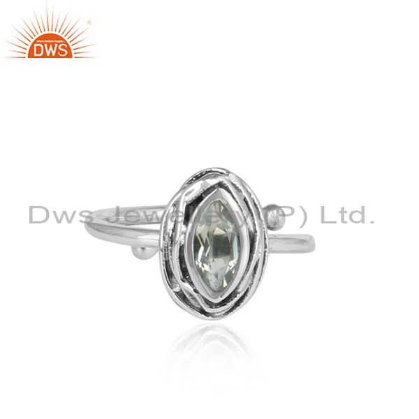 Green Amethyst Set Sterling Silver Oxidized Adjustable Ring