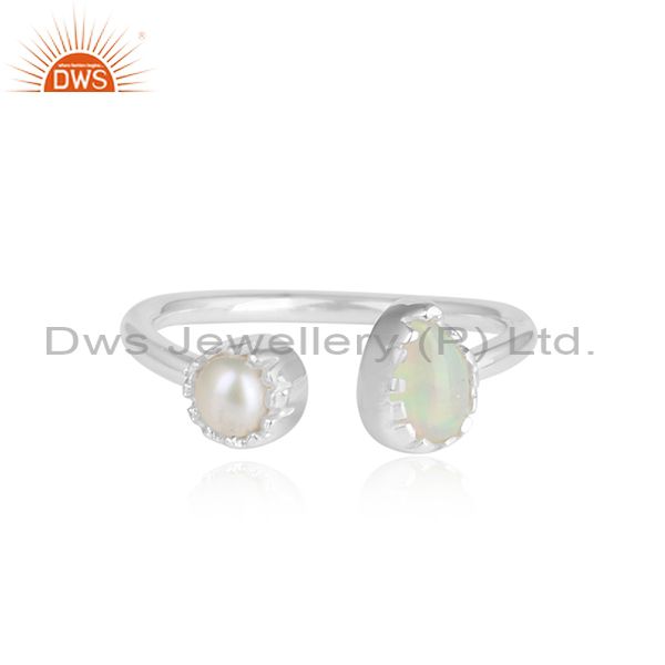 Ethiopian Opal And Pearl Cabushion Sterling Silver White Ring