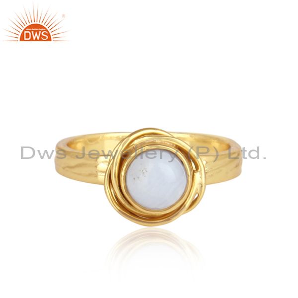 Blue Lace Agate Cabushion Wrapped Silver Gold Plated Ring