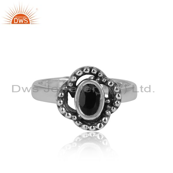 Black Onyx Set In Floral Oxidized Sterling Silver Ring