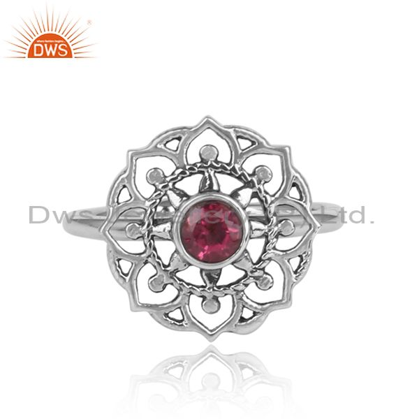 Pink Topaz Set Traditional Boho Oxidized Silver Floral Ring