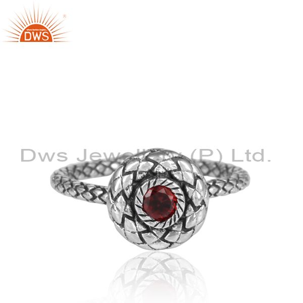 Round Red Garnet Set Oxidized Silver Handmade Twisted Ring
