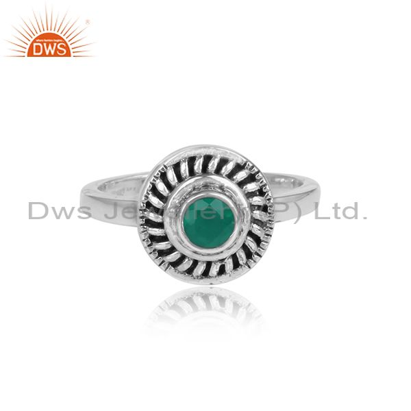 Round Green Onyx Set Handmade Oxidized Silver Textured Ring