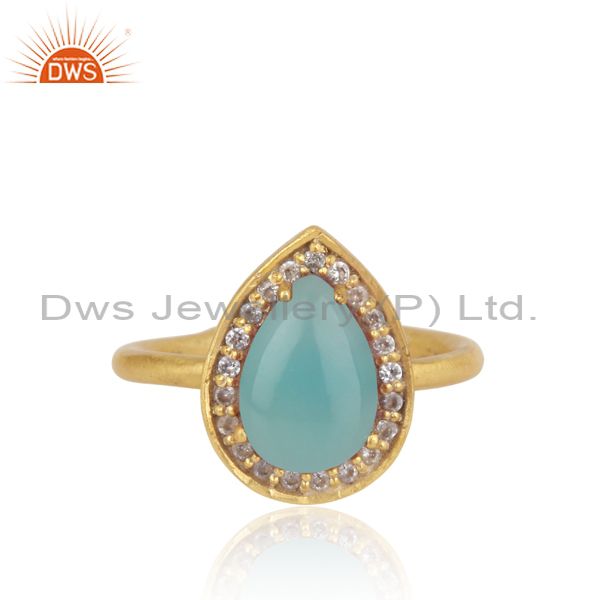 Pear Shaped Aqua Chalcedony And Cz Set Gold On Silver Ring