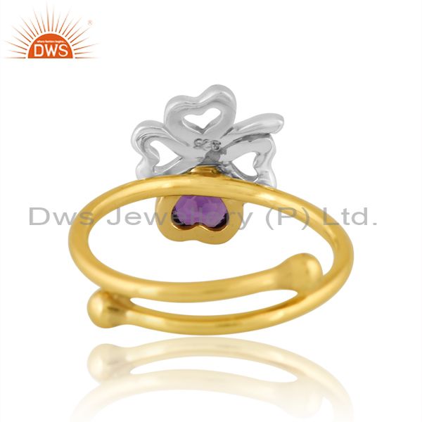 Brass Gold And White Ring With Amethyst Heart Cut Flower
