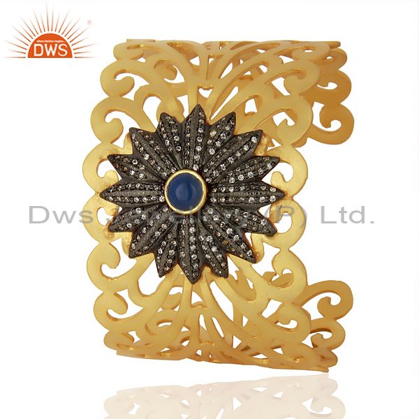 Exporter 18K Yellow Gold Plated Brass Filigree Designer Wide Cuff Bracelet With CZ