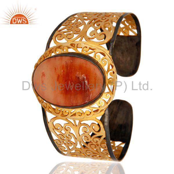 Exporter 18K Gold Plated Sterling Silver Handmade Art Natural Aventurine Cuff Bracelet