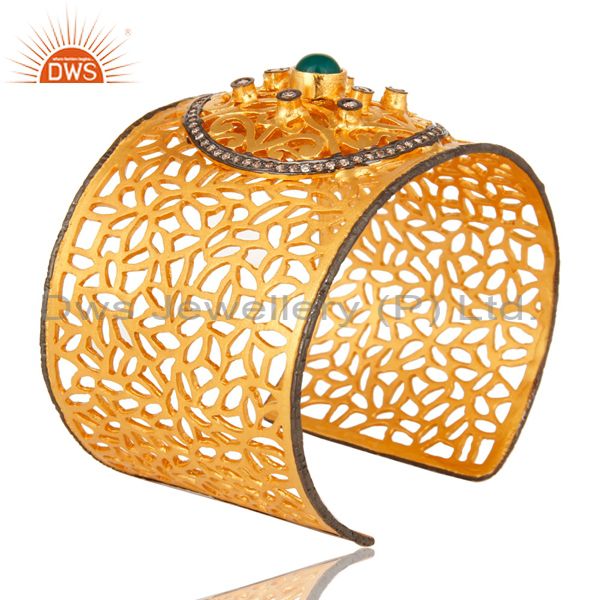 Exporter Green Onyx And CZ 22K Yellow Gold Plated Brass Filigree Cuff Bangle / Bracelet