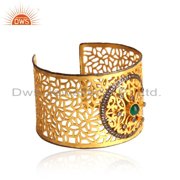 Gold plated silver filigree cuff with green onyx and white topaz