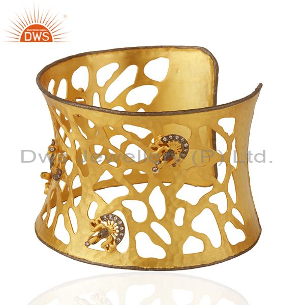 Exporter 22K Yellow Gold Plated Filigree Peacock Design CZ Wide Cuff Bracelet Jewelry