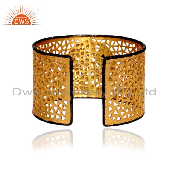 Exporter 18K Gold Plated Sterling Silver Turquoise And CZ Filigree Designer Cuff Bracelet