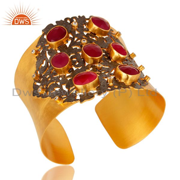Exporter Designer Peach Moonstone And White CZ Wide Cuff With Yellow Gold Plated