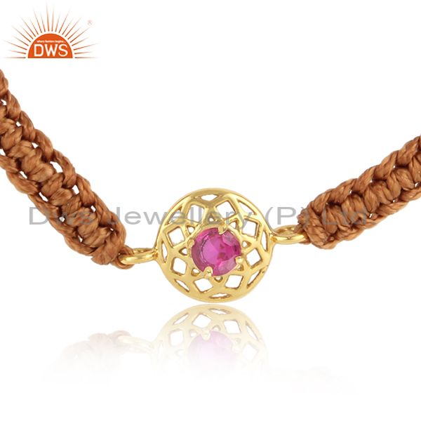 Floral designer brown cord bracelet in gold on silver and red cz
