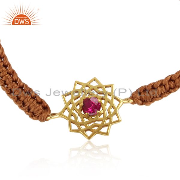 Handmade energy chakra gold on silver brown cord red cz bracelet