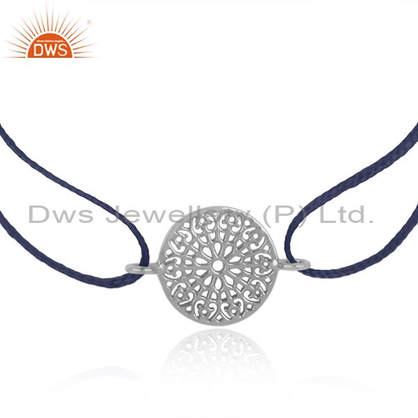 Mandala design white rhodium on silver 925 blue cord bracelet