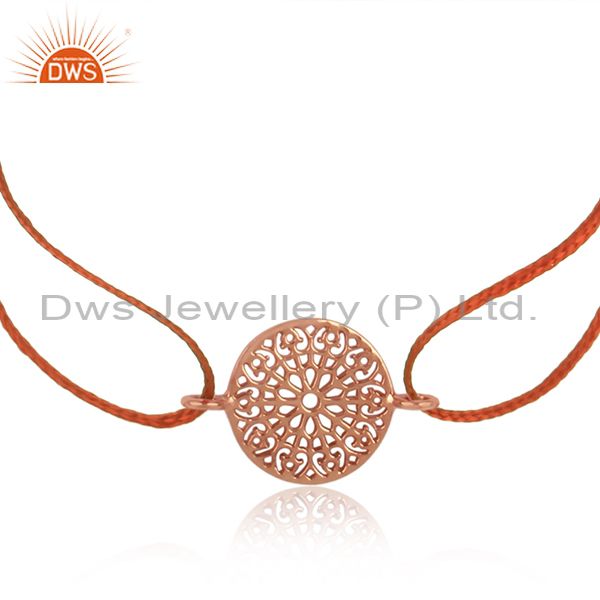 Filigree mandala design rose gold on silver brown cord bracelet