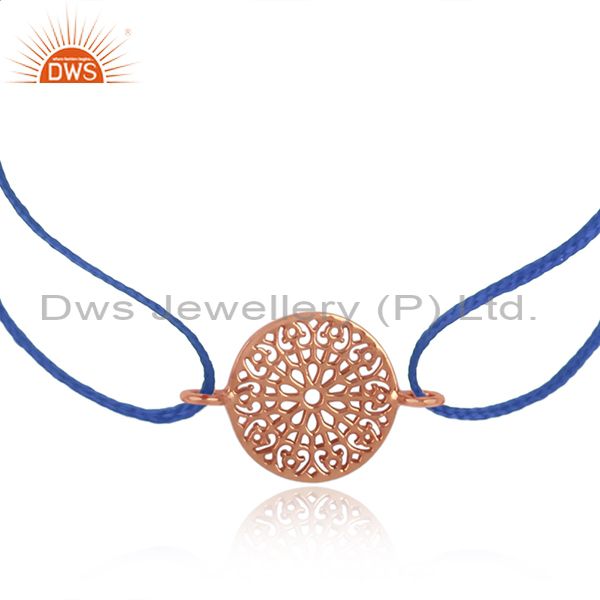 Filigree mandala design rose gold on silver sky blue cord bracelet