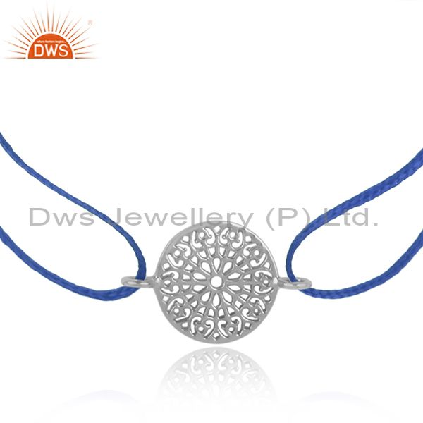 Mandala design white rhodium on silver sky blue cord bracelet