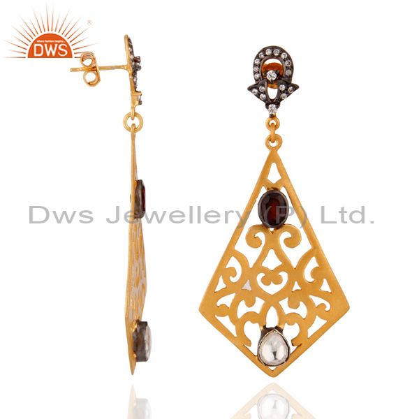 Exporter Indian Artisan Crafted 24k Gold Plated 925 Silver Filigree Garnet Zircon Earring