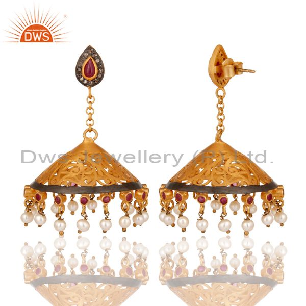Exporter 18K Gold Plated Sterling Silver Diamond, Pearl and Ruby Ethnic Jhumka Earrings