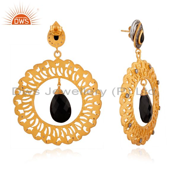 Exporter 925 SIlver Black Onyx Teardrop Gold Plated Filigree Designs Dangle Earrings