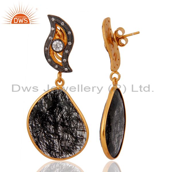 Exporter Black Rutilated Quartz Gemstone 18k Gold Over Sterling Silver CZ Dangle Earrings